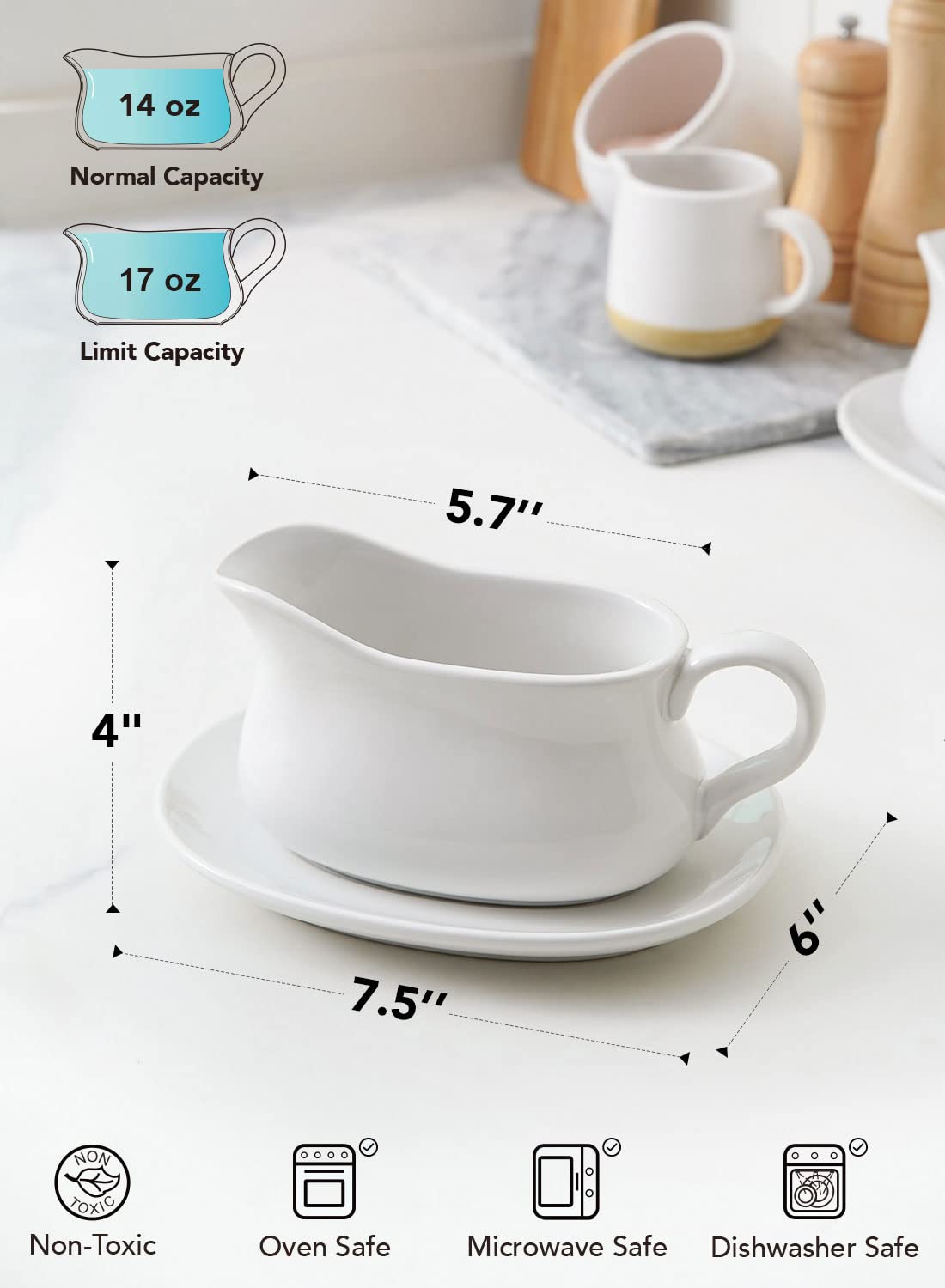 Le Tauci Gravy Boat with Saucer, Set of 2, Ceramic, 17 oz, White