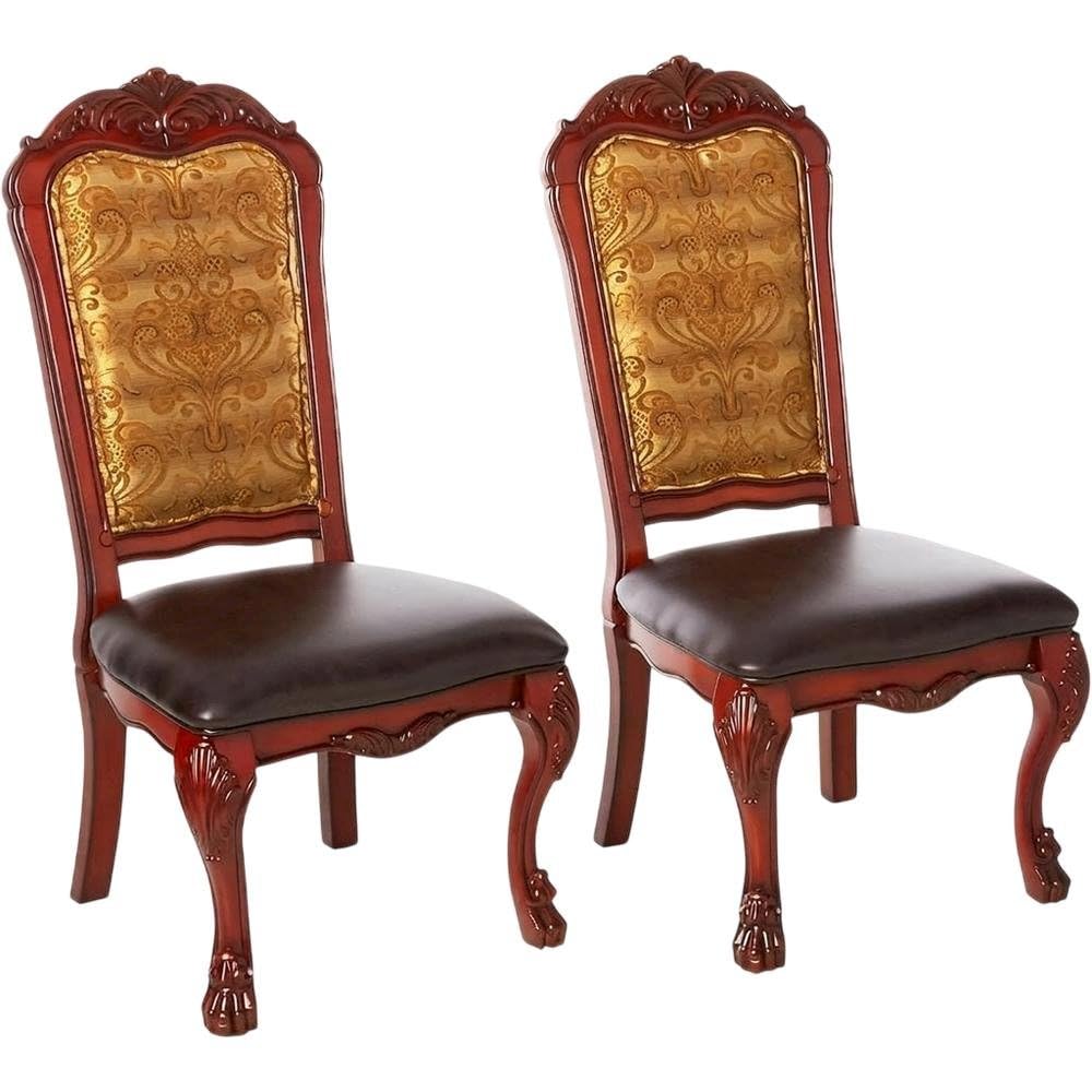 PU Leather-Upholstered Side Chair with Floral Fabric Back by Furnifact – Wood, Brown, Pack of 2