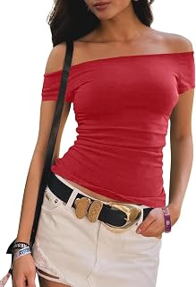 Womens Off The Shoulder Tops Short Sleeve Top Quick Dry T Shirts Trendy Y2k Going Out Crop Tops Slim Fit 2025