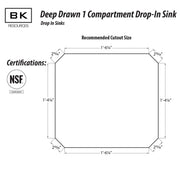 BK Resources NSF Commercial One Compartment Drop in Sink – Stainless Steel, Silver, Model DDI-2016824
