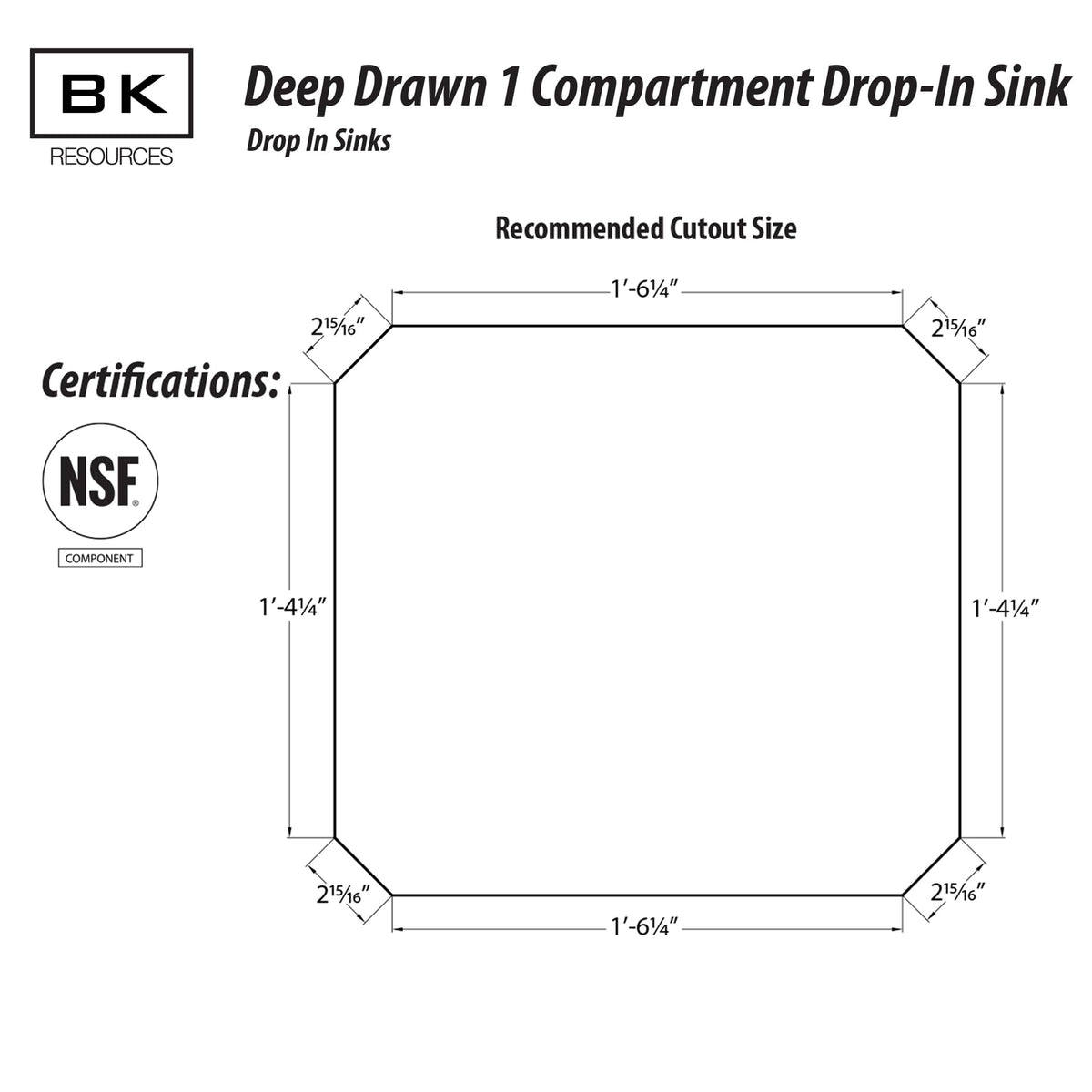 BK Resources NSF Commercial One Compartment Drop in Sink – Stainless Steel, Silver, Model DDI-2016824