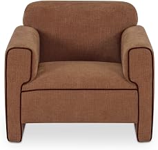 Leo Accent Chair, Polyester Upholstery, Plywood Frame, Inward-Rolled Arms, Contrast Piping, Upholstered Legs, Light Brown