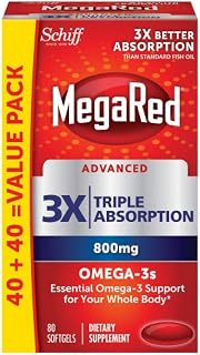 MegaRed Advanced 6X Absorption 800mg Omega-3s Fish Oil with EPA/DHA, No Fishy Aftertaste Supports Heart, Brain, Joint and Eye Health, 80 Count Softgels (2 Pack)