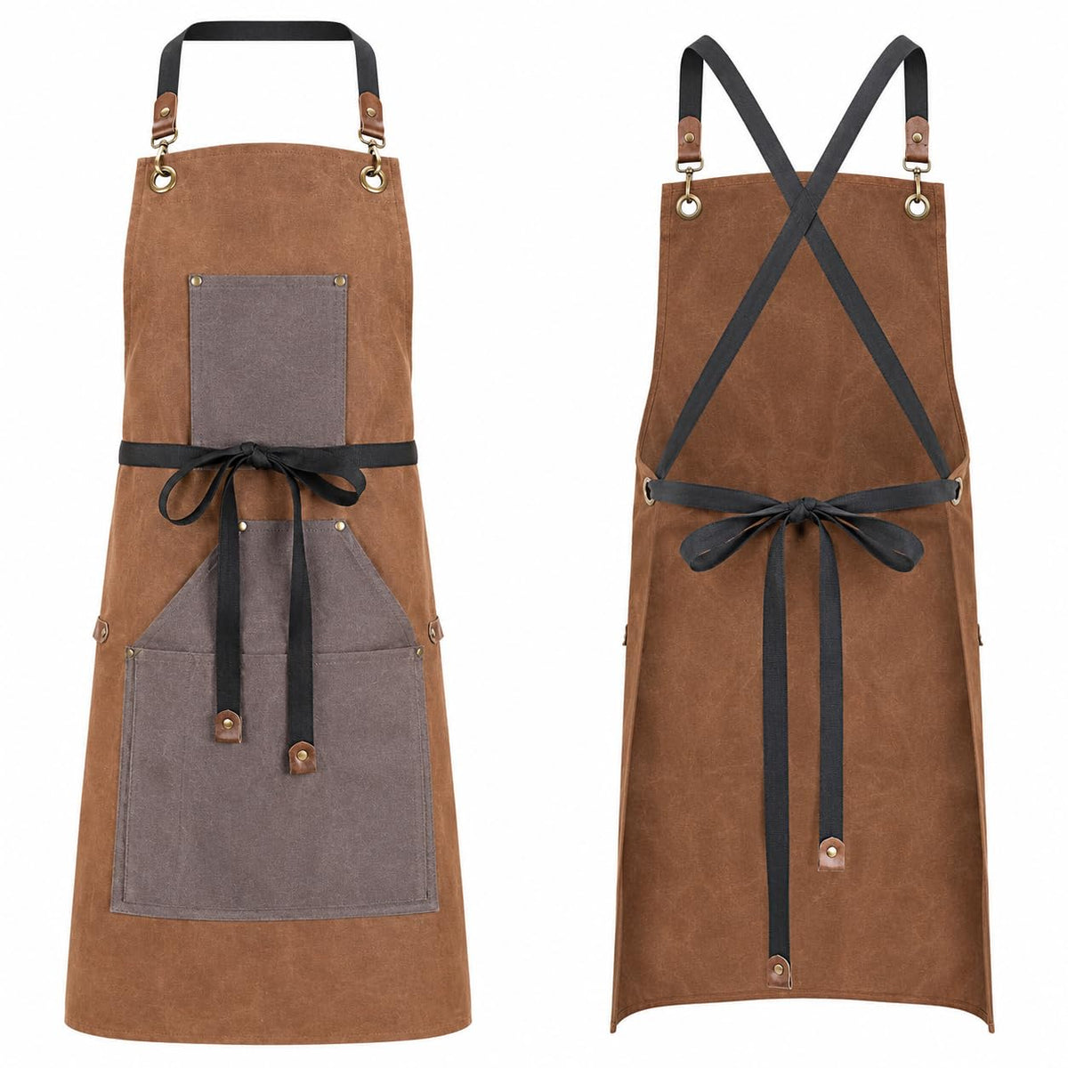 Glownary 2-Pack Heavy-Duty Canvas Grilling Apron – Brown, Cross-Back Straps, 32.5x26.5 Inches, 3 Utility Pockets, BBQ and Chef Wear