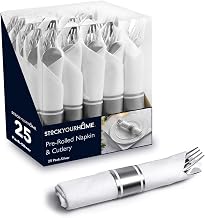 100 Pieces Pre Rolled Silver Plastic Cutlery Set, Individually Wrapped Plastic Silverware Set with 25 Forks, 25 Knives, 25 Spoons, 25 Napkins, Utensils for Weddings, Service for 25 Guests