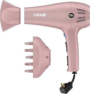 Conair Hair Dryer with Diffuser & Concentrator, 1875W, Matte Light Pink | Blow dryer with ionic tourmaline technology, 3 heat settings, and 2 speed options to efficiently style all hair types