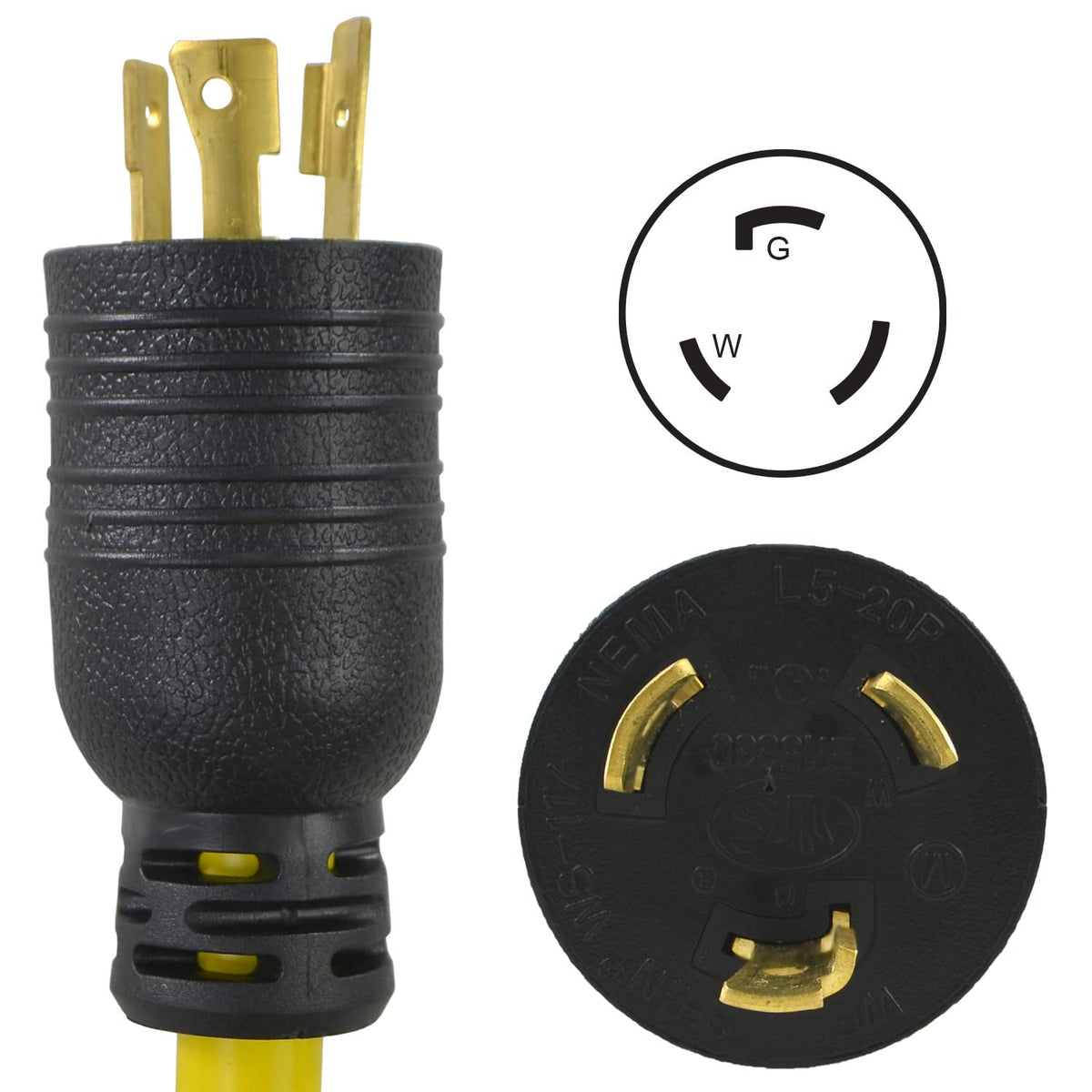 1.5-Feet 20-Amp STW 12/3 Tri-Outlet Cord by Conntek – 9"L x 6"W x 4"H, Yellow/Blue, Model WL520515