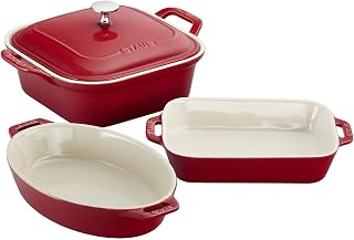 STAUB Ceramic 4-pc Baking Pans Set, Casserole Dish with Lid, Brownie Pan, Cherry