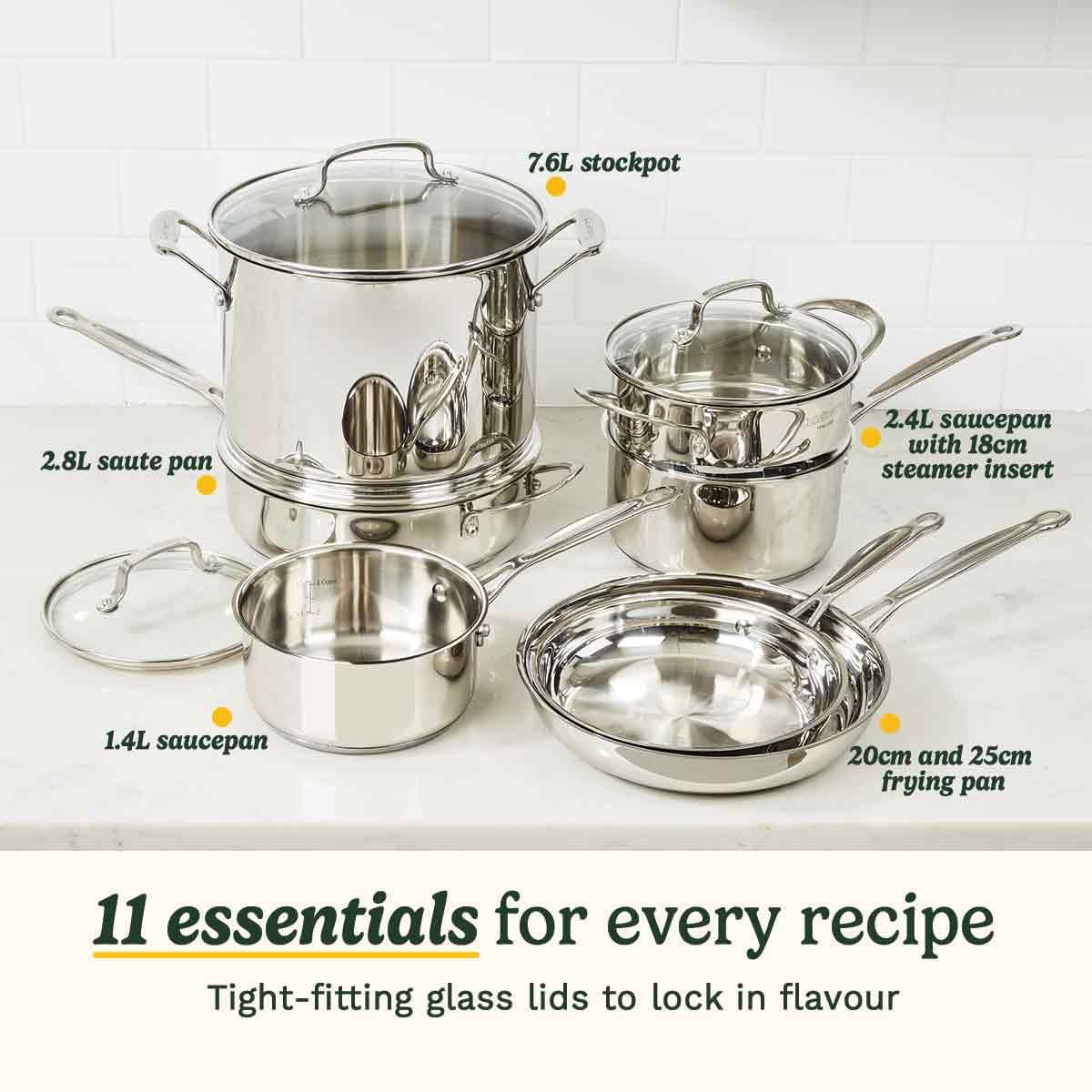 Cuisinart Stainless Steel / 1.4L, 2.4L, 2.8L, 7.6L, 20cm, 25cm / 11 Piece Cookware Sets