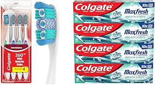 Colgate 360 Optic White Whitening Toothbrush, Adult Soft Toothbrush with Whitening Cups & Max Fresh Whitening Toothpaste with Mini Strips, Clean Mint Toothpaste for Bad Breath