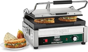 Waring Commercial WPG250T Panini Supremo Large Ribbed Panini Grill, With 20 Minute Countdown Timer, 120V, 1800W, 5-15 Phase Plug,Green