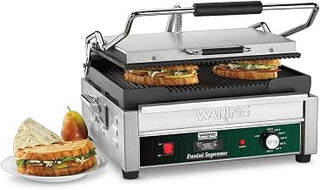Waring Commercial WPG250T Panini Supremo Large Ribbed Panini Grill, With 20 Minute Countdown Timer, 120V, 1800W, 5-15 Phase Plug,Green