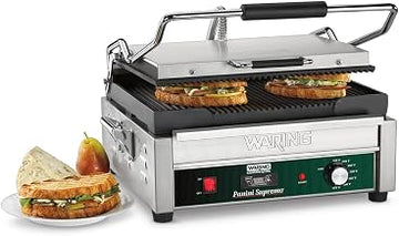 Waring Commercial WPG250T Panini Supremo Large Ribbed Panini Grill, With 20 Minute Countdown Timer, 120V, 1800W, 5-15 Phase Plug,Green