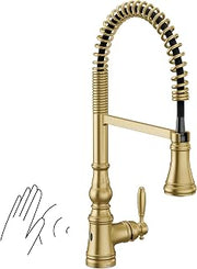 Moen Weymouth Brushed Gold Motionsense Wave Touchless Kitchen Faucet, Traditional Spring Kitchen Sink Faucet with Pulldown Sprayer and Hands-Free Sensor, S73104EWBG