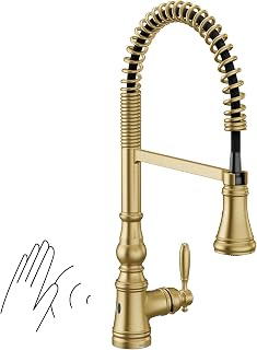 Moen Weymouth Brushed Gold Motionsense Wave Touchless Kitchen Faucet, Traditional Spring Kitchen Sink Faucet with Pulldown Sprayer and Hands-Free Sensor, S73104EWBG