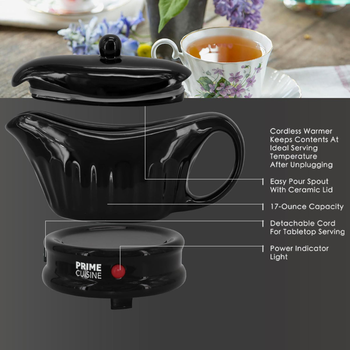Prime Cuisine Electric Gravy Boat Warmer, 17 Ounces, Black