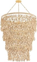 Naxos 18-Light Chandelier | Vintage Gold Leaf with Hand-Carved Coco Shell Strands | Grand Tiered Pendant for Foyer or Dining Room | Natural Artisan Statement Light | 552-42-VGL