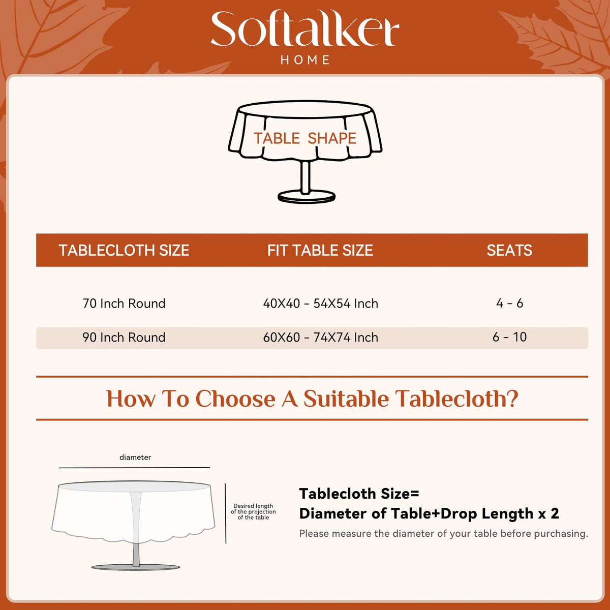 Softalker Jacquard Round Tablecloth, 70 Inch Diameter, Maple Burnt Orange