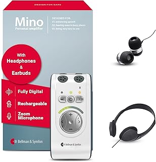 Bellman & Symfon Mino Digital Hearing Amplifier with Headphones and Earbuds - Sound Amplifier for Senior - Dual Microphones - Directional Microphone with Noise Cancellation - Rechargeable Pocket Sized | Dual Microphone Technology with Digital Noise Cancellation Delivers Crystal-Clear Speech and up to 30 Hours of Listening.