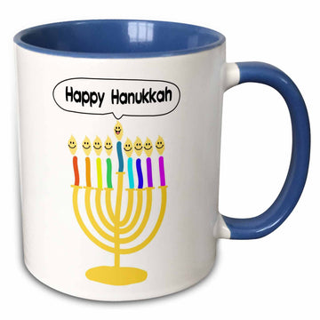3dRose Hanukkah Menorah Cartoon Mug, 11oz Ceramic, Two-Tone Blue