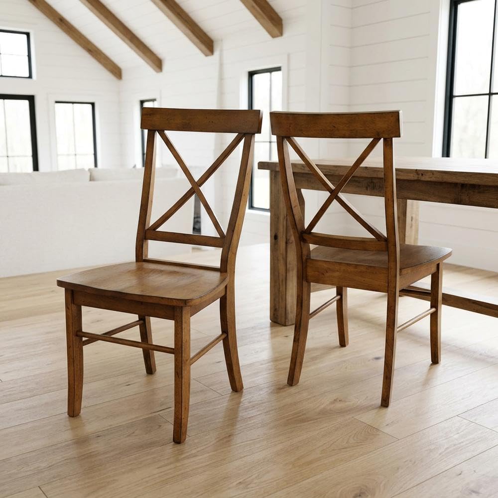 Solid Hardwood Dining Chair with X-Back and Contoured Seat by Furnifact – Wood, Pecan, Pack of 2