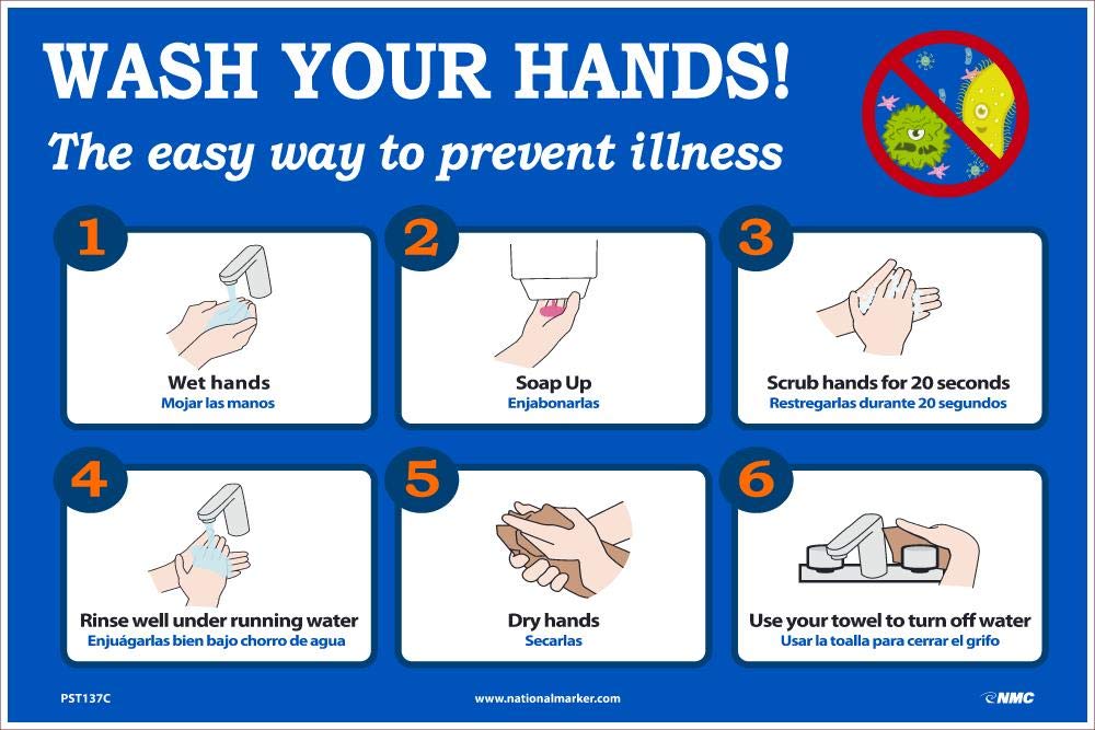 WASH YOUR HANDS 12X18 VINYL POSTER by NMC – 12" X 18", Vinyl, Black/White/Blue, Model PST137C