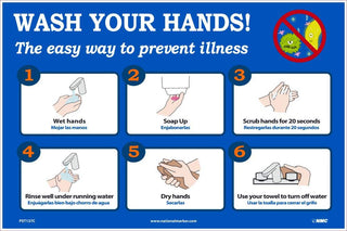 WASH YOUR HANDS 12X18 VINYL POSTER by NMC – 12" X 18", Vinyl, Black/White/Blue, Model PST137C