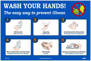 WASH YOUR HANDS 12X18 VINYL POSTER by NMC – 12" X 18", Vinyl, Black/White/Blue, Model PST137C