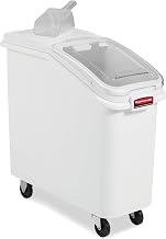 Rubbermaid Commercial Products ProSave Shelf-Storage Ingredient Bin With Scoop 400-Cup Capacity Plastic White Sliding Lid Container with Wheels for Kitchen/Restaurant/Food Organization