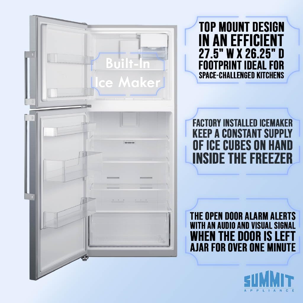Summit 28" Refrigerator Freezer With Icemaker by Summit Appliance – 28", 14.0 cubic_feet, Stainless Steel, Model FF1514SSIMLHD
