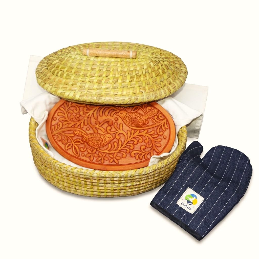 USEHP Bread Basket with Terracotta Warming Stone, 12.5 x 9 x 7 Inches, Beige