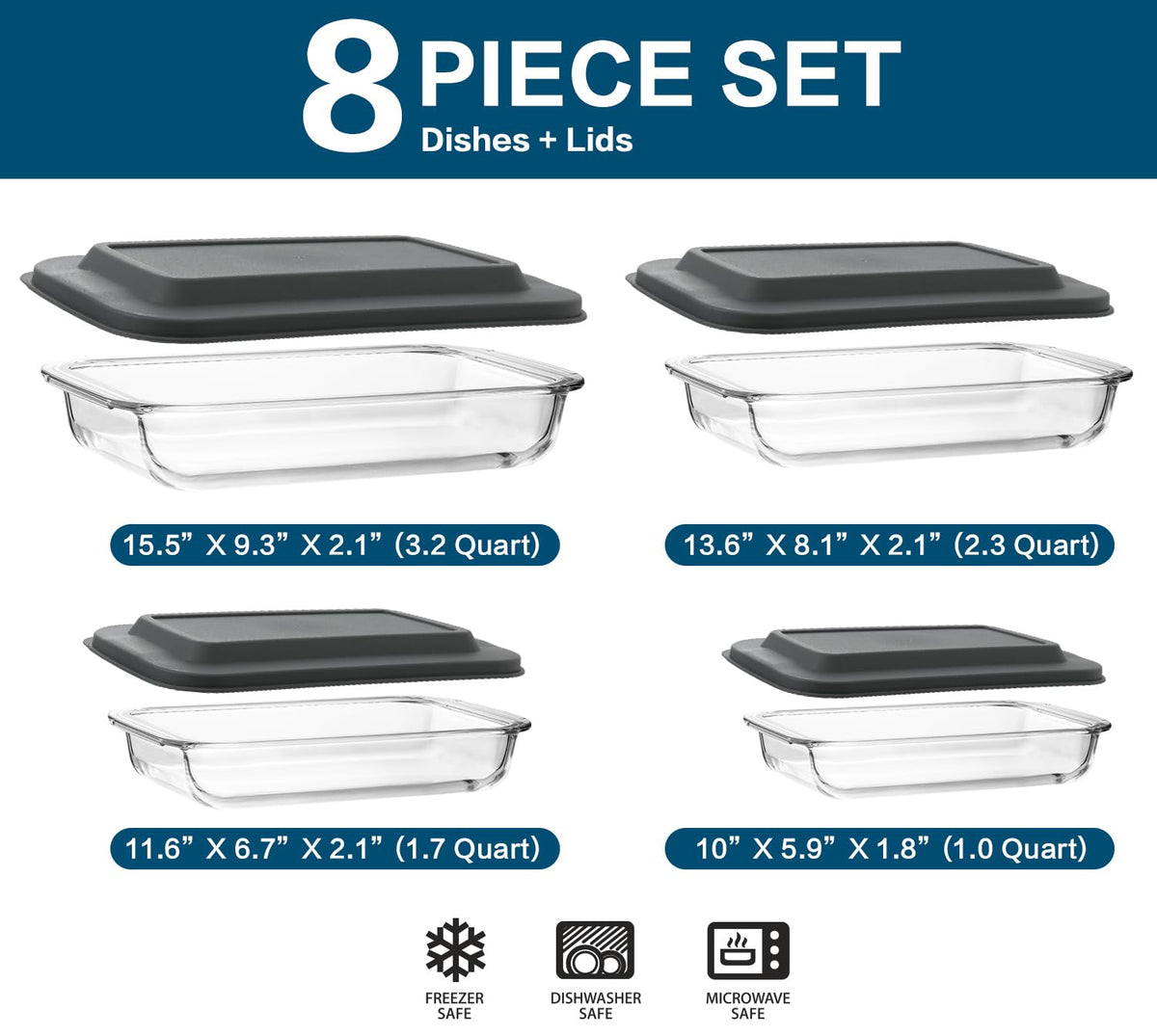 M MCIRCO Glass Baking Dish Set, 8 Piece with Lids, Gray