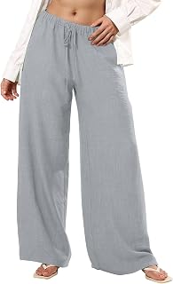 Womens Casual Pants Flowy Lounge Linen-Like Loose Fit Wide Leg Trousers