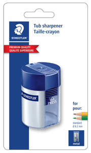 Metal Single Hole Sharpener with Tub (511001BK) by STAEDTLER – Metal, Silver/Blue, Model 511 001 BK