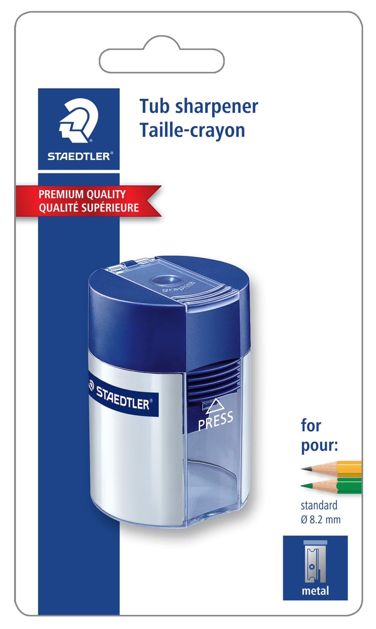 Metal Single Hole Sharpener with Tub (511001BK) by STAEDTLER – Metal, Silver/Blue, Model 511 001 BK