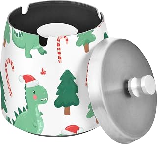 Dinosaur Santa Hat Pattern Splash Ashtray with Lid, Outdoor Ashtrays for Patio