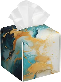 Blue Art Marble Texture Tissue Box Cover Leather Square Tissue Box Holder Decorative Tissue Cube Box Cover Facial Paper Case Tissue Case Organizer for Home Office Car Decoration