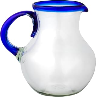 10 Strawberry Street Cobalt Rim Pitcher Handblown Mexican Glass