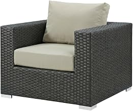 Beige Outdoor Patio Armchair, Cushioned seat and backrest, Durable Frame, Comfortable armrests, Stylish Lounge Seating for Outdoor Spaces