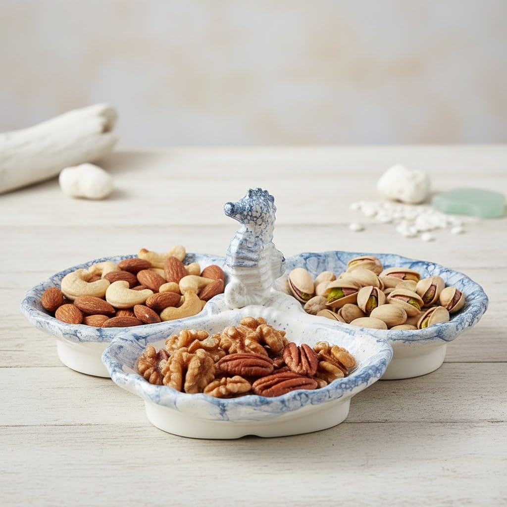 Tidal Drift Coastal Serveware (Seahorse Serving Caddy) by 10 Strawberry Street – Seahorse Serving Caddy, Ceramic, Tidal Drift Blue, Model BC-SERVING