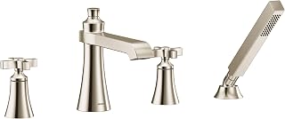 Moen TS929NL Flara 2-Handle Deck Mount Cross Handle Roman Tub Faucet Trim Kit, Valve Required, Including Single Function Handshower, Polished Nickel