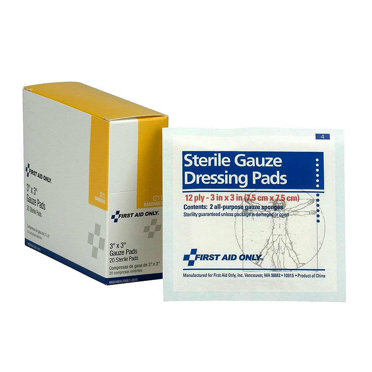 I211 Gauze Dressing Pads 3-Inch x 3-Inch 10/Box by First Aid Only – 4.25" x 4.5" x 3.5", Plastic, White, Pack of 10, Model FAOI211