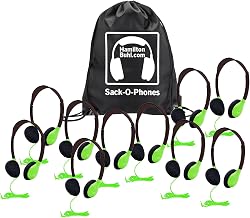 Hamiltonbuhl Sack-O-Phones, 10 Personal Headphones in a Carry Bag, Green, 10PK