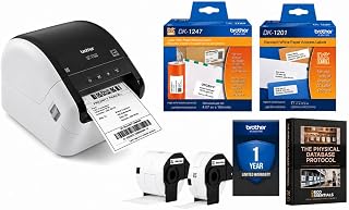 Brother QL-1100 Wide Format Direct Thermal Label Printer Bundle with Deco Essentials eBook + DK-1247 Shipping Labels & DK-1201 Address Labels - USB Shipping & Barcode Label Printer for Business