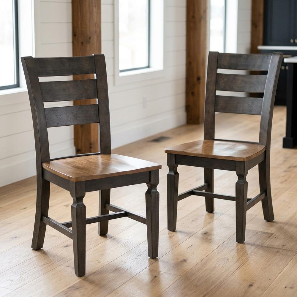 Solid Wood Ladderback Dining Chairs Set of by Furnifact – Wood, Hickory and Washed Coal, Pack of 2