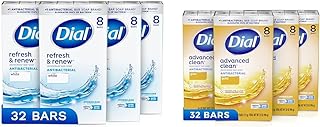 Dial Antibacterial Bar Soap, Refresh & Renew, White, 4 oz, 32 Bars & Antibacterial Deodorant Bar Soap, Advanced Clean, Gold, 4 oz, 32 Bars