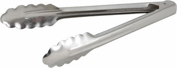 Winco 9" Stainless Steel Utility Tongs, Heavyweight | Dishwasher safe, Coiled spring, Scalloped edges, Restaurant service, Great for Salads and Buffets