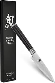 Shun Classic 4" Paring Knife, Handcrafted Japanese Vegetable & Fruit Knife, VG-MAX Core with Damascus Stainless Steel Cladding, Pakkawood Handle, Small Kitchen Tool for Peeling, Coring & Cutting