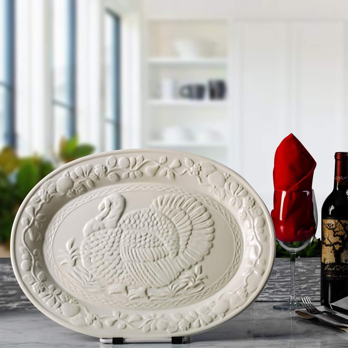 HSHQING Ceramic Turkey Platter Set, 17 Inch with Baster Injector, White Red