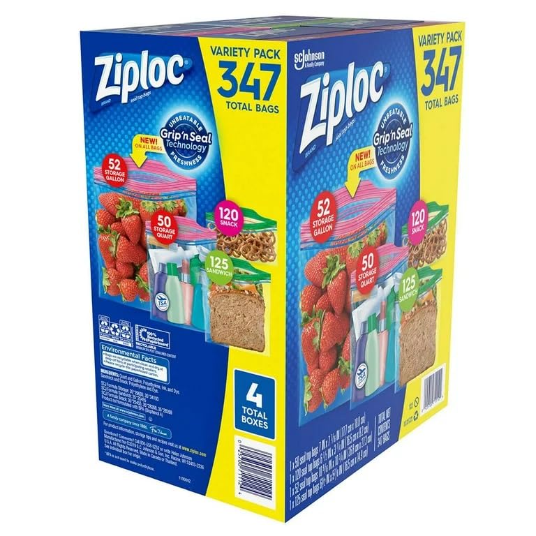 Variety Total Bags by Ziploc – 347 Piece Assortment, 52.0 gallons, Plastic, clear, Pack of 347